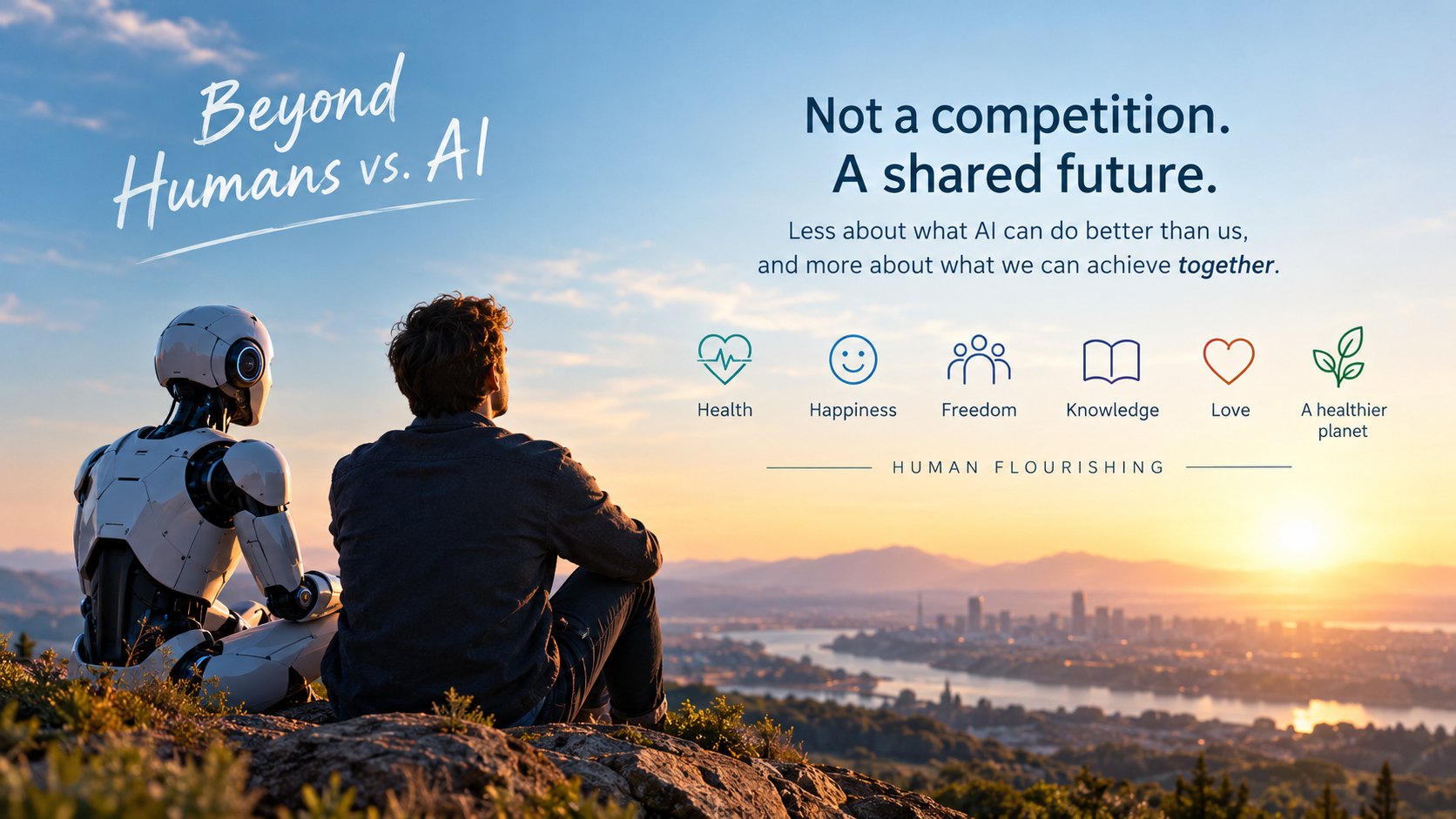A person and a robot sitting side by side on a hilltop at sunset, looking at a city, next to the words "Beyond Humans vs. AI. Not a competition. A shared future."